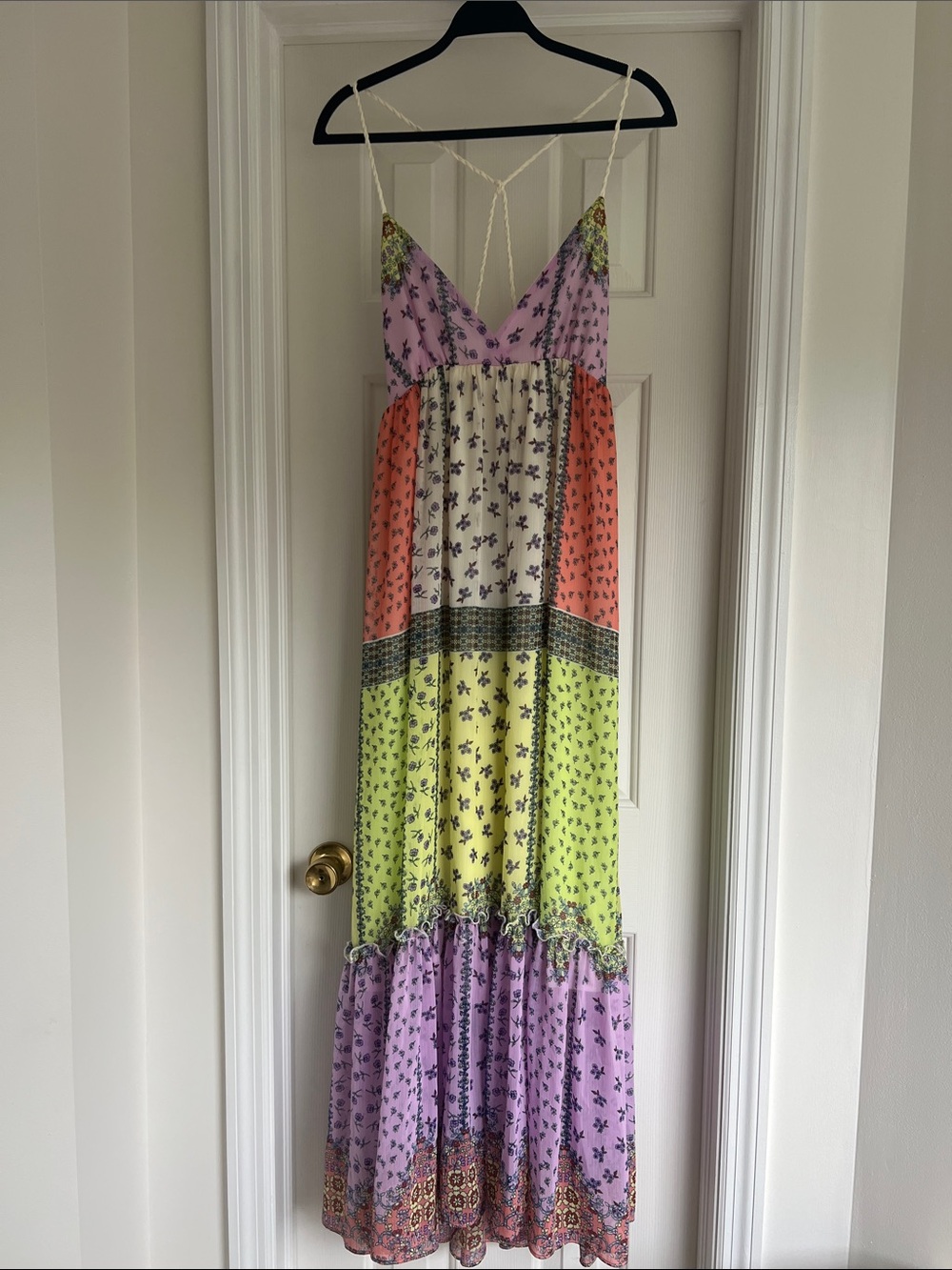 NWOT Forever 21 Boho Patchwork Maxi Dress in Pink, Coral, Lime, Purple / Large